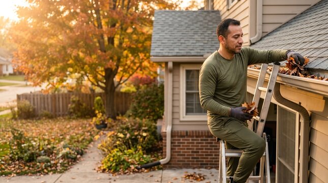 Hispanic man cleaning gutter leaves on a roof ladder at suburban house in autumn, home maintenance and fall yard work on a sunny evening