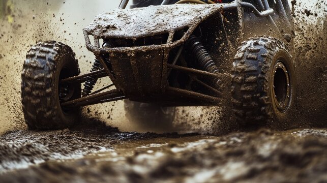 Muddy four wheeler off road vehicle