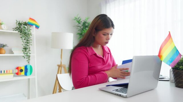Exhausted Asian transgender woman doing daily life routine in house. 