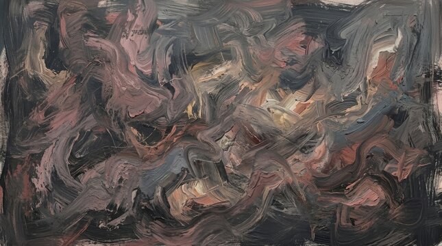 Expressive abstract oil painting with thick impasto brushstrokes in dark grey, brown, and muted red tones creating a swirling textured effect