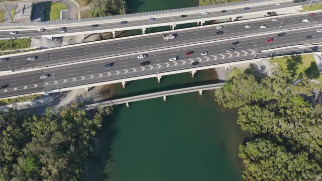 Multi-span Highway Bridge Carrying M1 Motorway In Gold Coast, QLD, Australia. - aerial shot