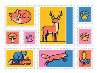 Fototapeta premium Minimalist woodland animal postage stamp set with fox, deer, and raccoon line art. Modern nature-themed graphics for stationery and mail design.