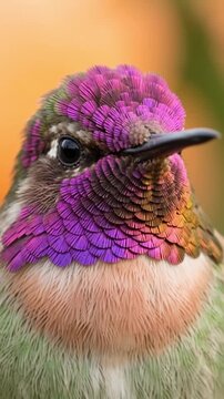 Stunning male annas hummingbird perched on a thorny rose stem with a soft, blurred natural background, showcasing vibrant iridescent purple and pink throat feathers