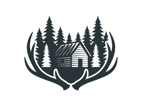 Vintage Hunting Lodge Logo Silhouette with Antlers and Pine Forest