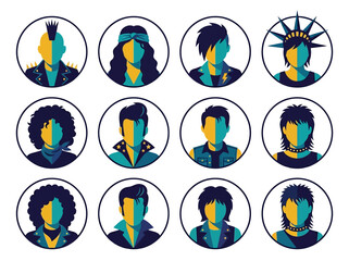 Fototapeta premium Set of 12 Stylized Subculture Avatar Icons Featuring Punk, Rock, and Retro Music Fashion in Minimalist Teal and Yellow Flat Design