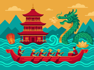 Dragon Boat Festival Flat Illustration with Chinese Dragon and Pagoda © Daniela