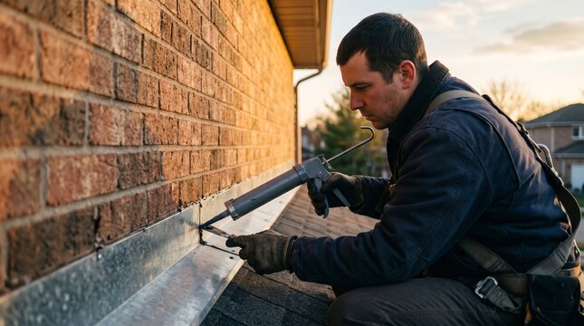 Professional roofer applying sealant to metal roof flashing on a brick house at sunset, repairing exterior roofing joints with caulking gun and tools on a residential rooftop