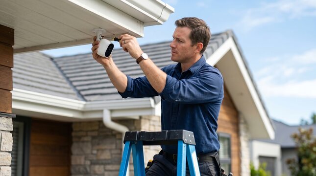 Professional technician installing a security camera under a house roof. White male electrician working on outdoor home security system on a ladder.