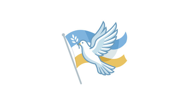 White peace dove flying with olive branch over flag.
