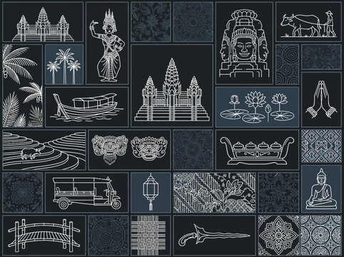 Southeast Asian Cultural Heritage Line Art Icons Mosaic with Angkor Wat and Buddha