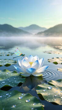 Serene vertical composition of iridescent dragonfly on lotus flower over misty lake background ideal for mobile relaxation wallpaper and social media meditation stories.