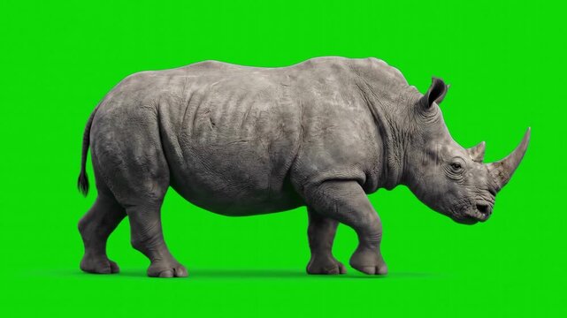 A realistic 3D rhinoceros walks forward from a side profile view over a solid green screen background. Ideal for compositing into prehistoric scenes, African safari documentaries, and educational biol