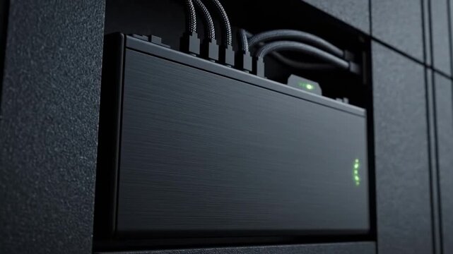 Close up shot of a network switch with led lights and connected cables in a server rack, data center technology, IT infrastructure, electronic device.