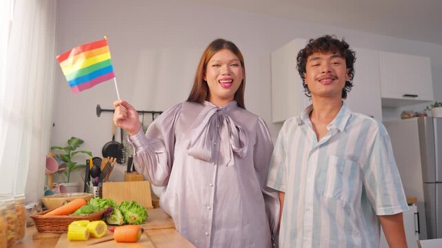 Portrait of transgender woman and partner enjoy daily life in house. 