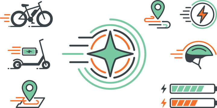 Electric Mobility Icon Set with E Bike Scooter Navigation Pointer Battery Charge and Safety Helmet Symbols for Eco Transport Vector Designs