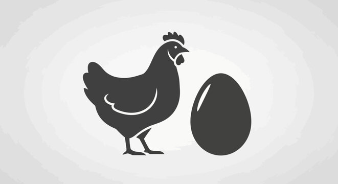 Minimalist black silhouette illustration of a farm hen chicken and an egg isolated on a light background