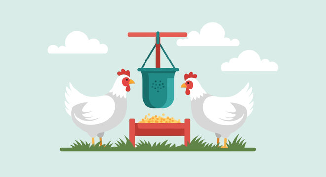 Flat vector illustration of domestic white chickens eating feed from a feeder on a farm
