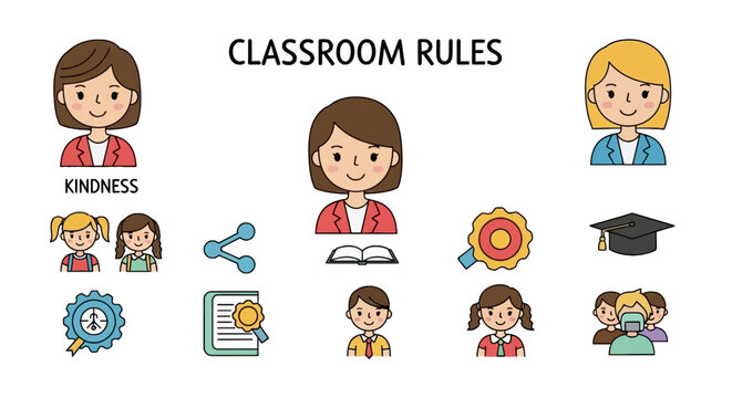 Classroom rules and educational characters set