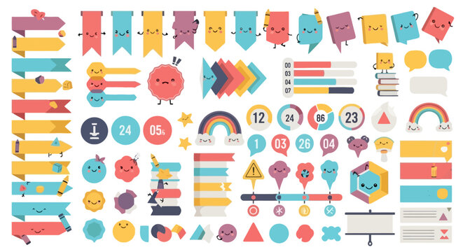 Colorful kawaii infographic elements with smiling faces
