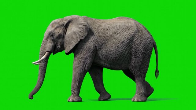 A detailed 3D animated African elephant walks steadily in a side profile view across a green screen backdrop. This asset is cleanly isolated for simple integration into wildlife, educational, or trave