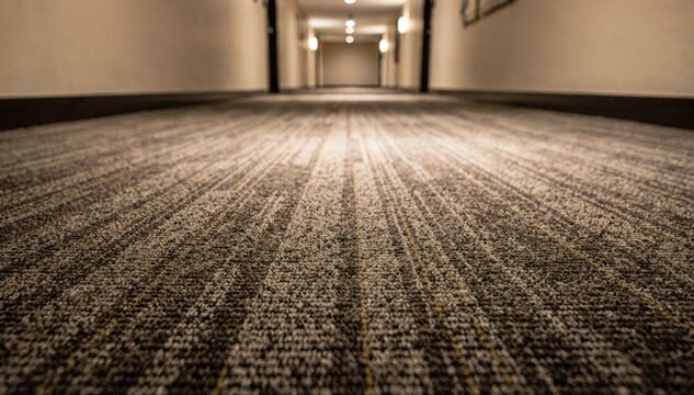 Medium shot of fireresistant contract carpet in a hotel corridor highlighting durability and flame retardant texture under soft lighting.