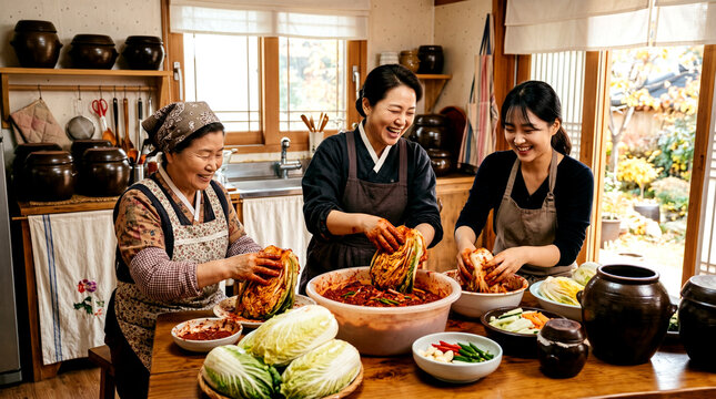 Three Generations of Korean Women Making Traditional Kimchi Together in Cozy Home Kitchen with Earthenware Jars