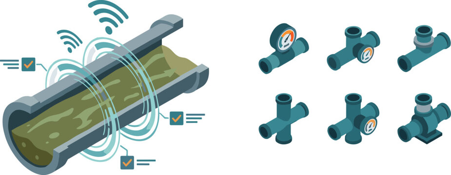Isometric Smart Pipeline Icon Set with Wireless Pressure Gauges Flow Sensors and Industrial Plumbing Fitting Connection Elements
