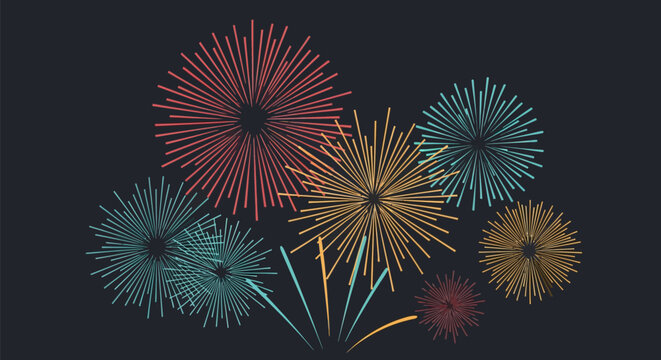 Abstract vector illustration of stylized minimalist fireworks bursts in muted red, teal, and gold colors arranged on a dark background for celebration and festive holiday themes.