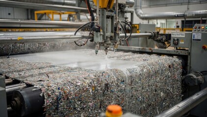 Obraz premium Medium shot of industrial machinery applying a fresh coat to recycledfiber fabric enhancing reclaimed textiles with a smooth new topcoat finish.