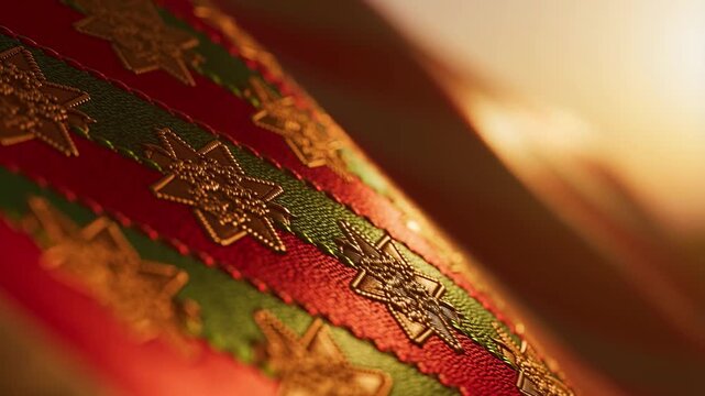 Close up of vibrant fabric with gold star patterns and colorful stripes symbolizing cultural celebration and heritage with warm lighting