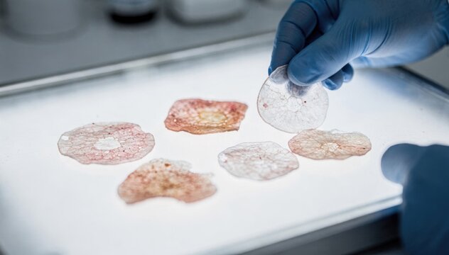 Clinical scene showing dermatology specialists gloved hands comparing subtle pigmentation on translucent skin samples atop illuminated acrylic with soft blurred background