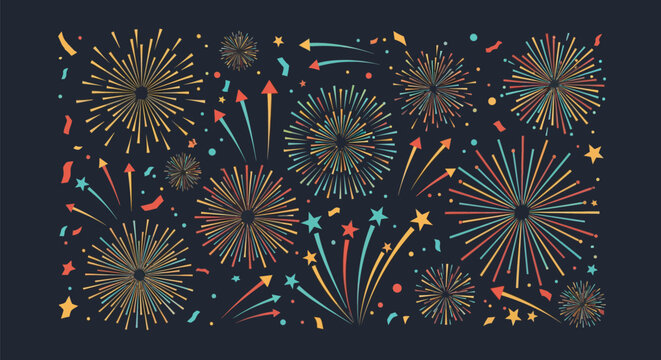 Vector illustration of red, blue, and gold fireworks exploding in a dark night sky over a city skyline silhouette with colorful confetti and glowing sparks for festive celebration.