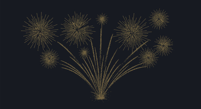 Golden firework display with multiple starbursts and glittering trails shooting upwards from a central point against a dark minimalist background for holiday celebrations.