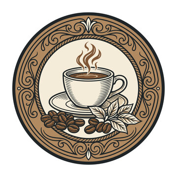 Stylized steaming coffee cup icon with bean border
