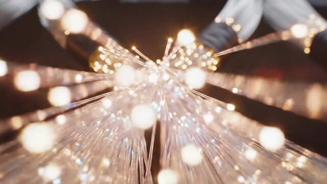 Fiber optic strands glowing with colorful lights, abstract background, representing data transfer and digital connection, technology concept