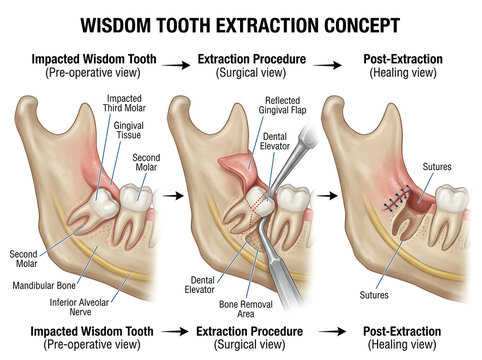 Wisdom tooth extraction surgical procedure illustration isolated on white background