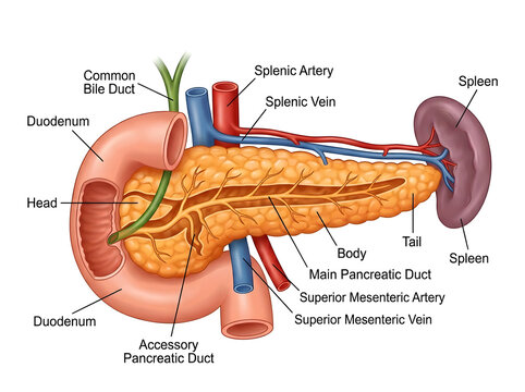 Human pancreas anatomy labeled with blood vessels and ducts isolated on white background