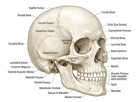 Human skull diagram with labeled bones and sutures isolated on white background