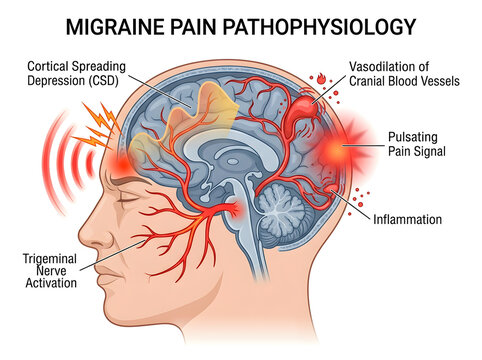 Migraine pain pathophysiology brain diagram illustration isolated on white background