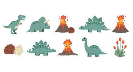Friendly cartoon dinosaurs and erupting volcanoes set © andi