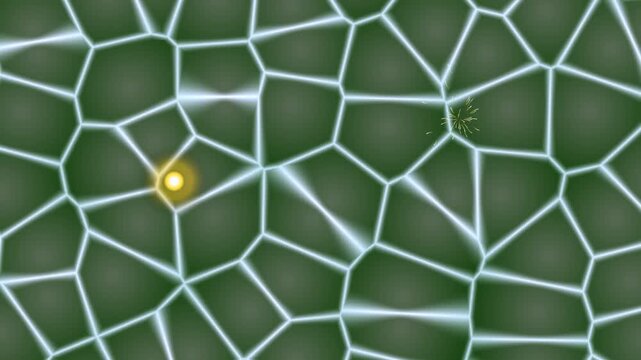 Dynamic abstract cellular network with glowing blue lines and interacting light points.