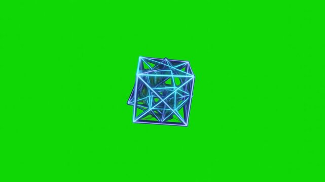 A glowing blue and purple 4D hypercube tesseract matrix rotating dynamically against a chroma key green background. This abstract 3D geometric asset is optimized for sci-fi HUD elements, quantum compu