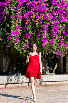 Young smiling latina woman walking confidently, relaxed while enjoying a sunny day at Parque Mexico in Condesa, Ciudad de M&eacute;xico surrounded by bougainvillea flowers, wearing a red dress and sandals