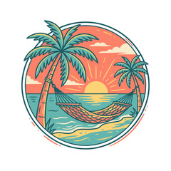 Obraz premium Circular tropical beach scene with hammock and palms.