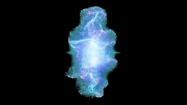 A powerful 3D animated humanoid creature composed of swirling blue plasma currents, electric nebulae, and glowing cosmic energy dancing dynamically against an isolated black backdrop. Ideal for sci-fi