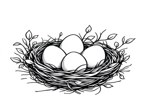 Bird nest with eggs and leaves on white background