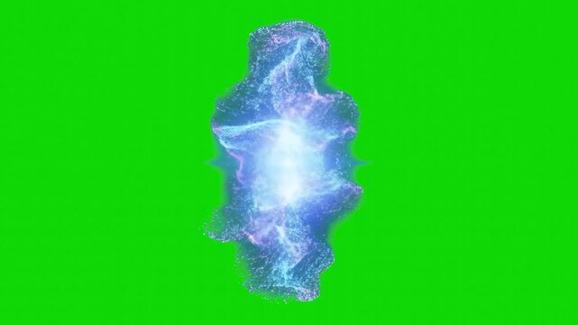 A dynamic, vertical abstract energy plume with swirling blue plasma and a bright glowing white core. The sci-fi visual effect is isolated on a chroma key green screen for compositing magic or teleport