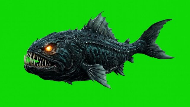 A scary, aggressive deep-sea monster fish with glowing orange eyes and sharp teeth swims forward against a bright chroma key green screen. This terrifying 3D creature animation is excellent for horror