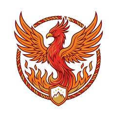 Fototapeta premium Phoenix emblem with flames and mountain peaks.