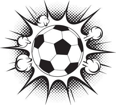 Soccer ball with comic book explosion and halftone dots suggesting action and excitement.